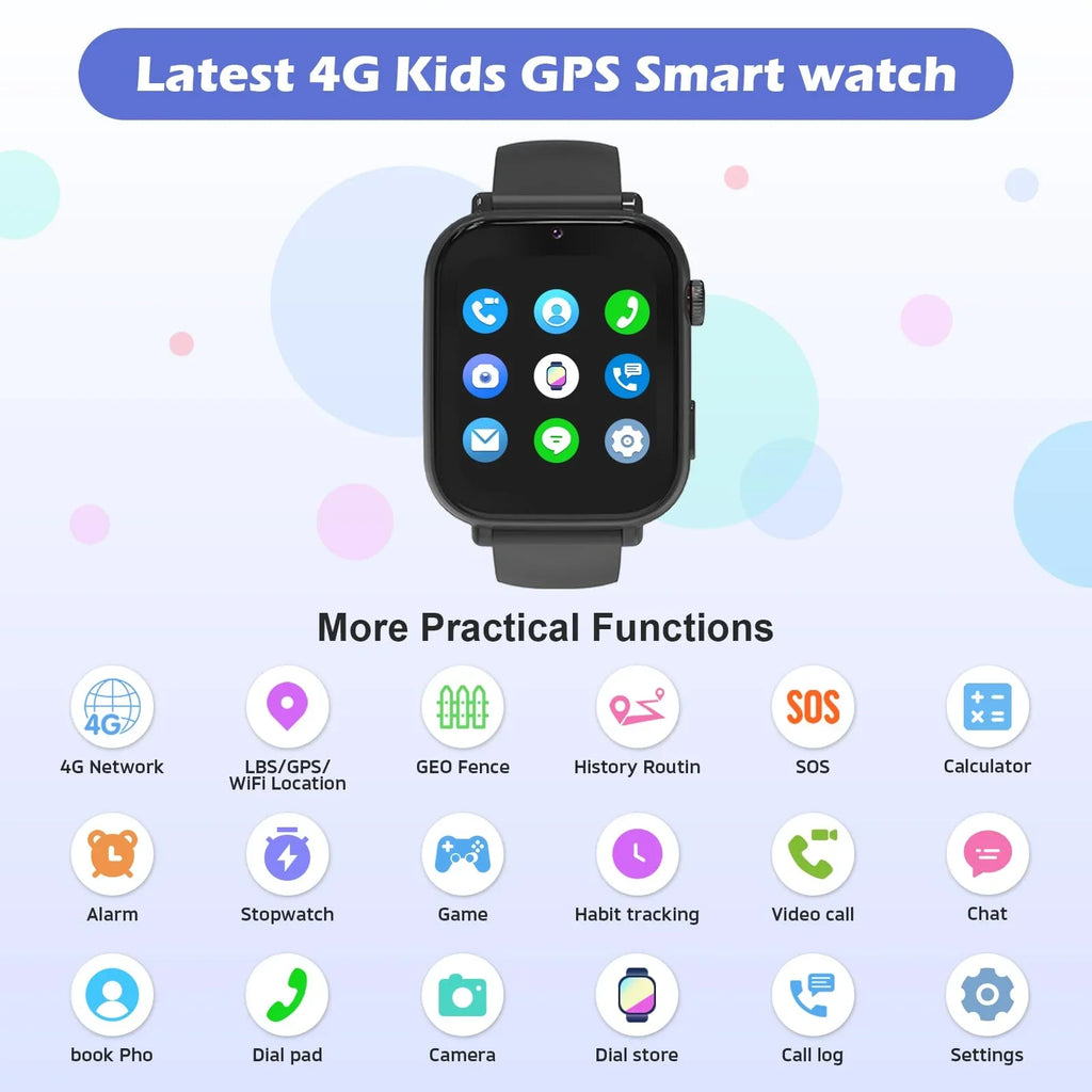 4G kids GPS smart watch with touch screen, video call, GPS tracking, and SOS features