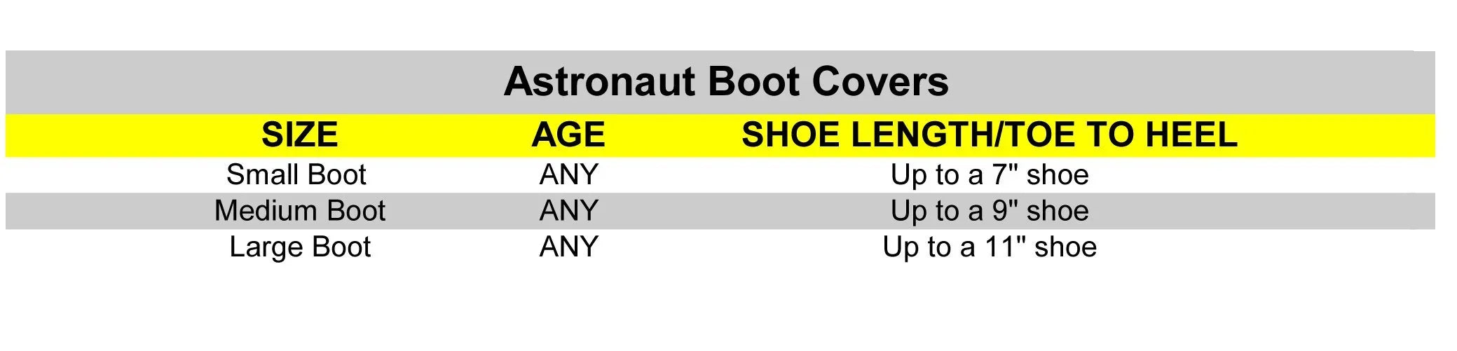 Astronaut boot covers size chart showing options for small, medium, and large shoe lengths.