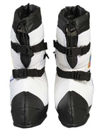 Pair of white and black astronaut costume boots with buckles and drawstring tops