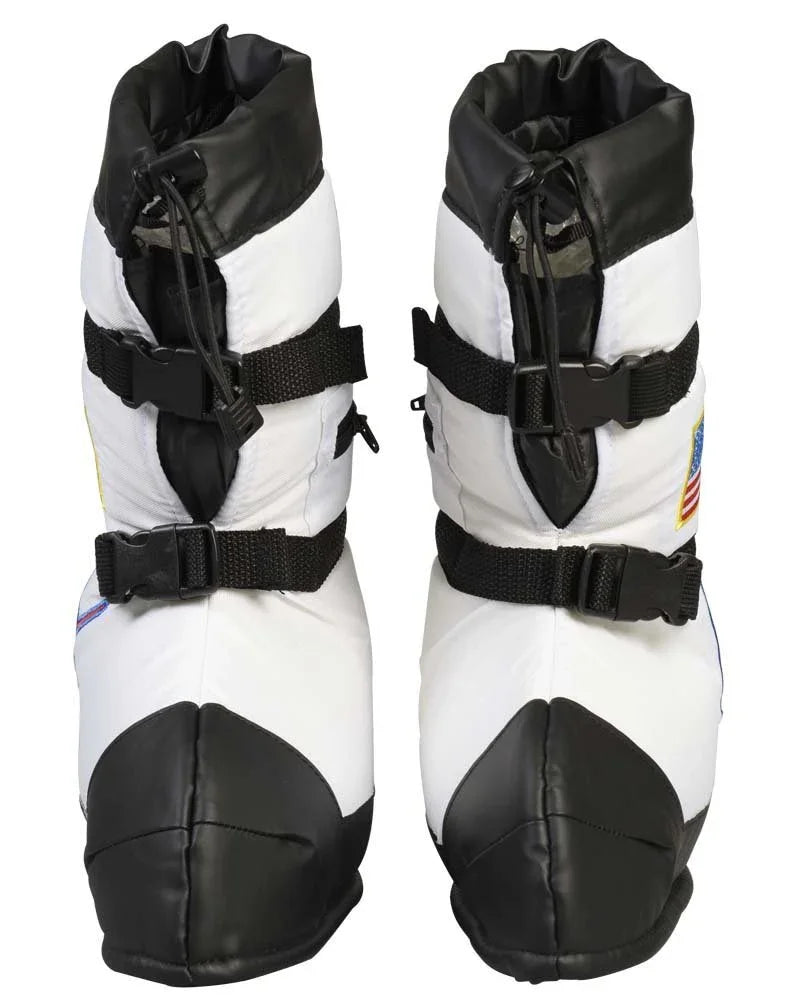 Pair of white and black astronaut costume boots with buckles and drawstring tops