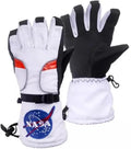White and black astronaut gloves with NASA logo, kids space costume accessory