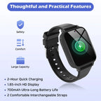 Black smartwatch with HD display, charging indicator, and features list including quick charging, long battery life, and interchangeable straps.