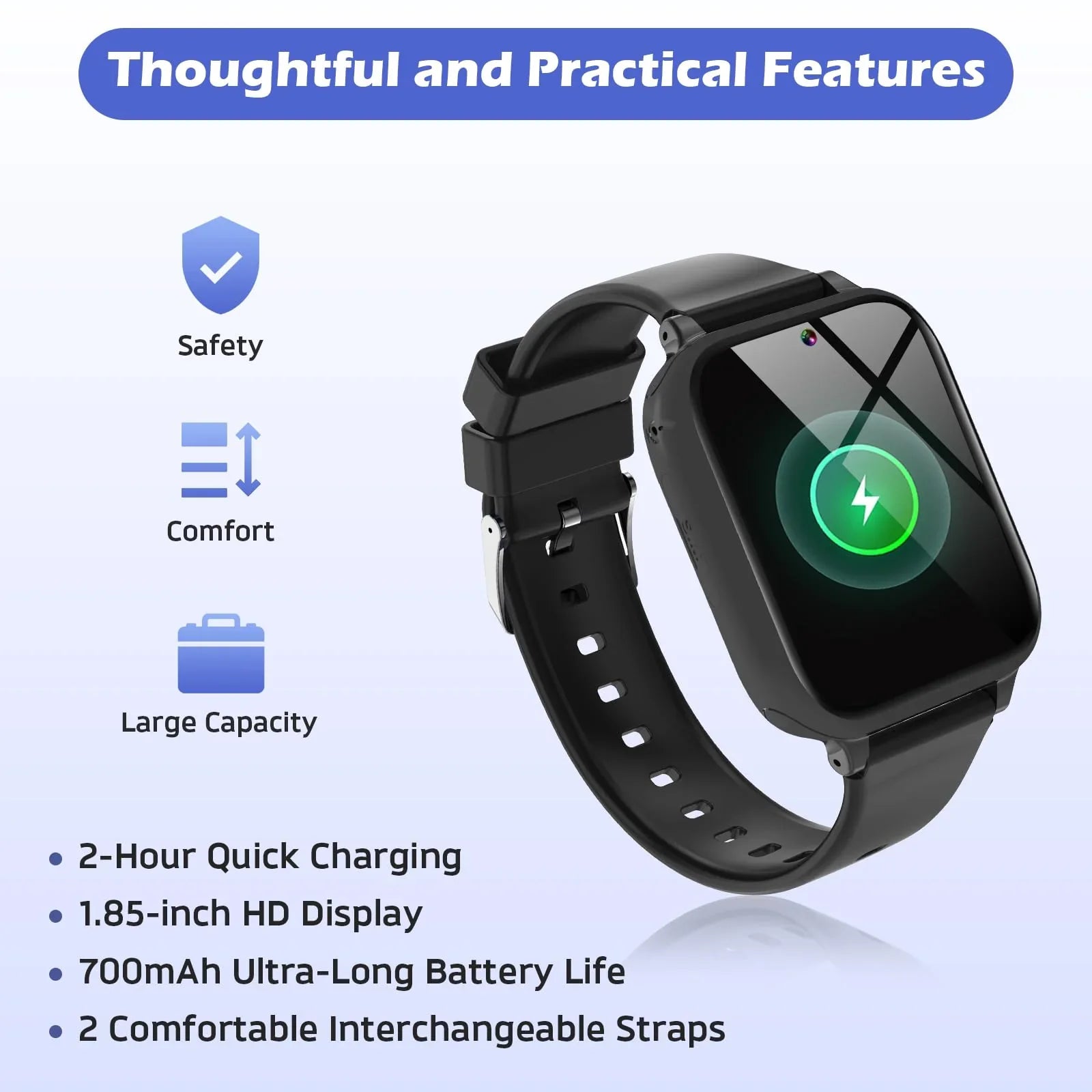 Black smartwatch with HD display, charging indicator, and features list including quick charging, long battery life, and interchangeable straps.