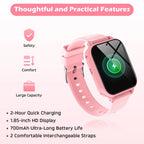 Pink kids' smartwatch with HD display, long battery life, quick charging, and safe comfort features.
