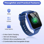 Blue kids smart watch with 1.85-inch HD display, fast charging, and interchangeable straps