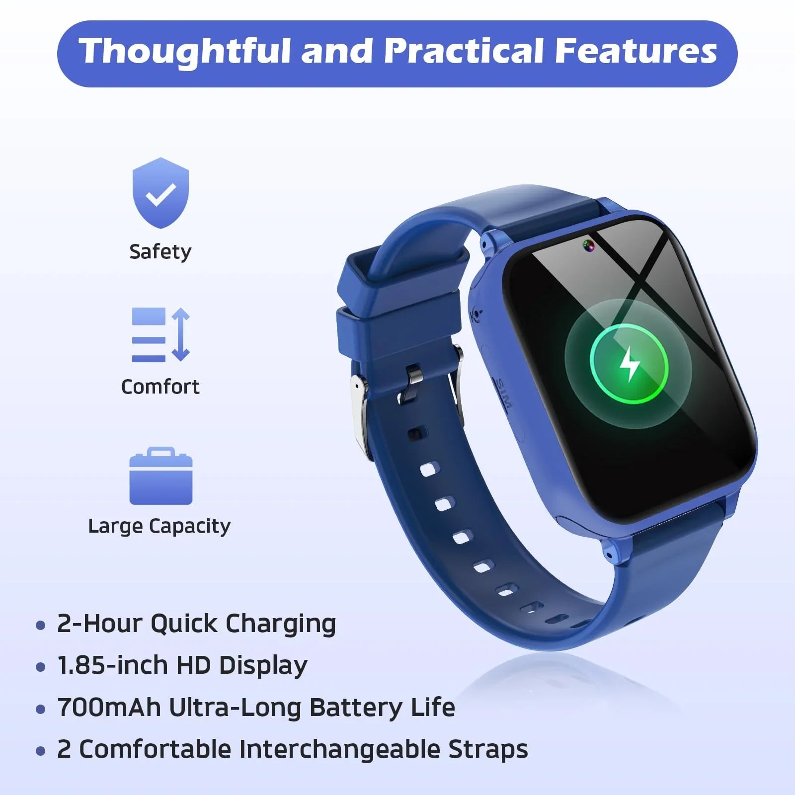 Blue kids smart watch with 1.85-inch HD display, fast charging, and interchangeable straps
