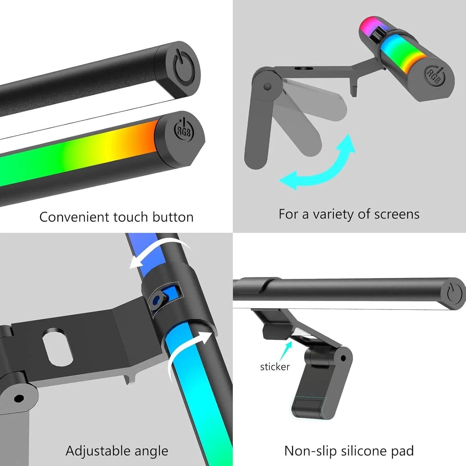RGB monitor light bar with touch control, adjustable angle, non-slip pad, fits various screens