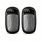 Pair of digital hand warmers with LED temperature display and sleek silver design