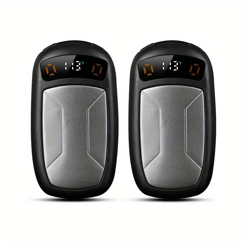 Pair of digital hand warmers with LED temperature display and sleek silver design