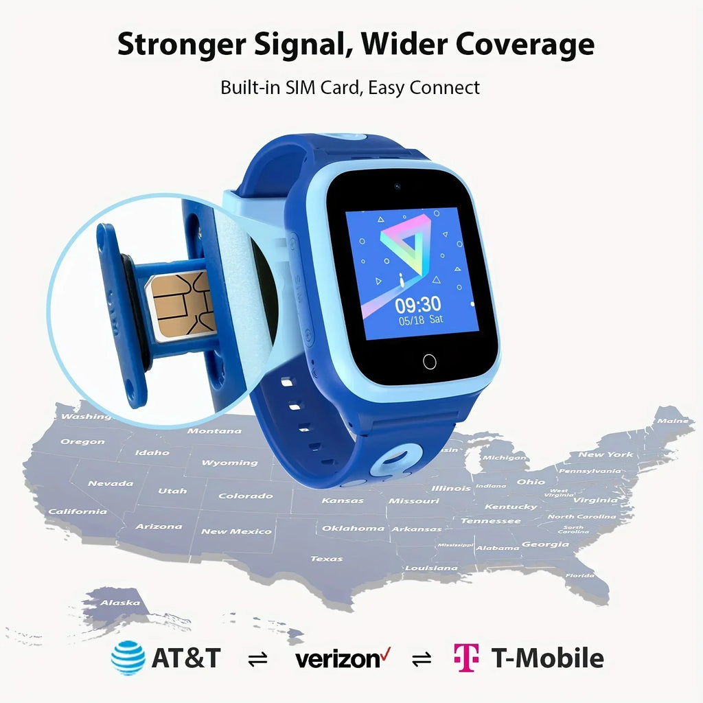 Blue kids smartwatch with built-in SIM card, wide signal coverage map, supports AT&T, Verizon, T-Mobile.