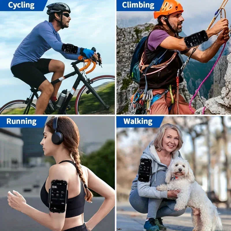 People using a black armband phone holder while cycling, climbing, running, and walking outdoors.