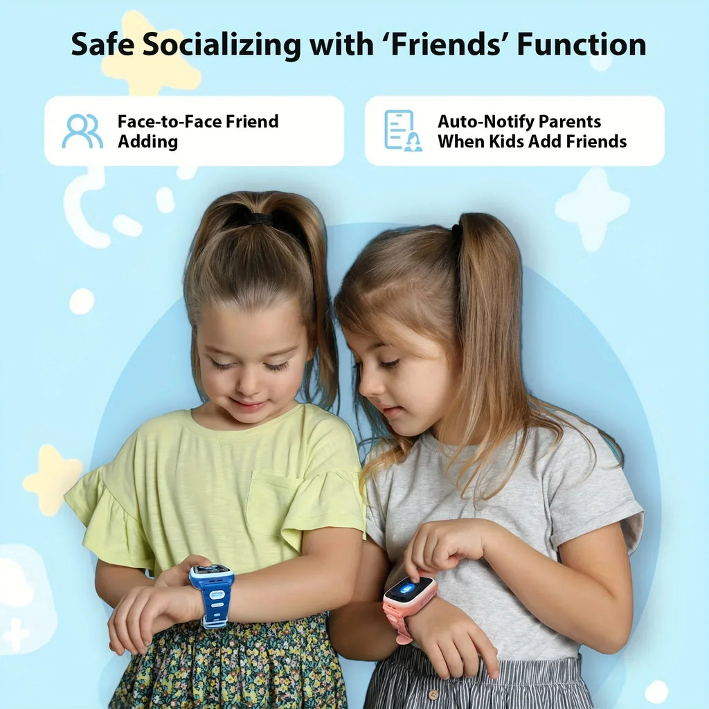 Two young girls using smartwatches with kids' safe socializing features on a blue background.