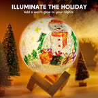 Festive snowman LED night light with Christmas tree and gifts, glowing on a wooden stand.