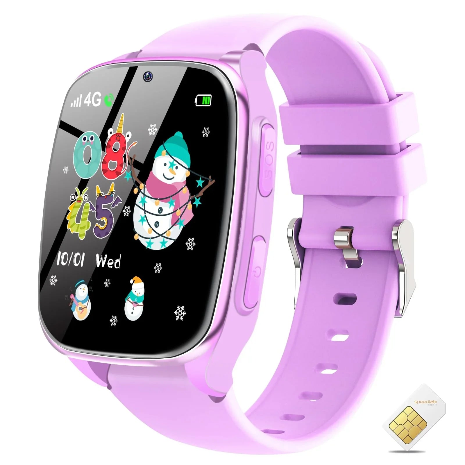 Purple kids smart watch with cartoon snowman display screen, 4G signal icon, and SIM card.