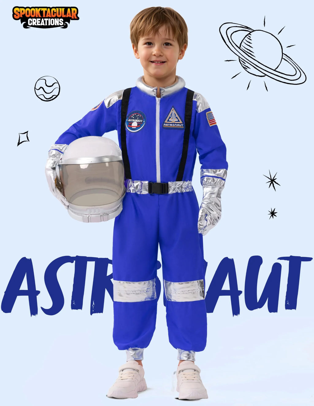 Child in blue astronaut costume holding helmet, space theme background, kids tech toy