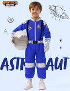 Child in blue astronaut costume holding helmet, space theme background, kids tech toy