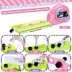 Colorful kids' tool set with measuring tape, saw, wrench, drill, and interactive parts.
