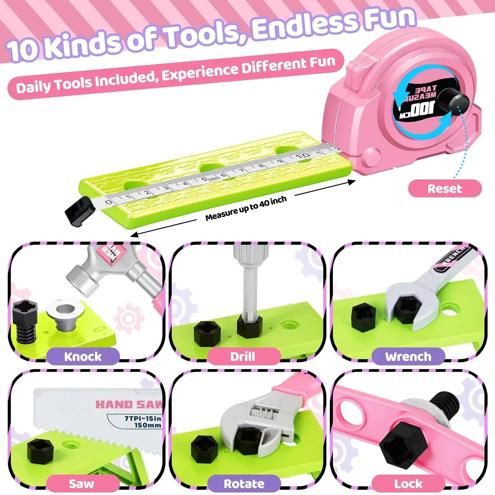 Colorful kids' tool set with measuring tape, saw, wrench, drill, and interactive parts.