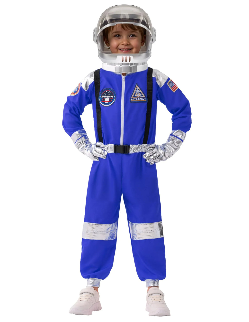 Child wearing blue astronaut costume with helmet and space patches, standing on white background