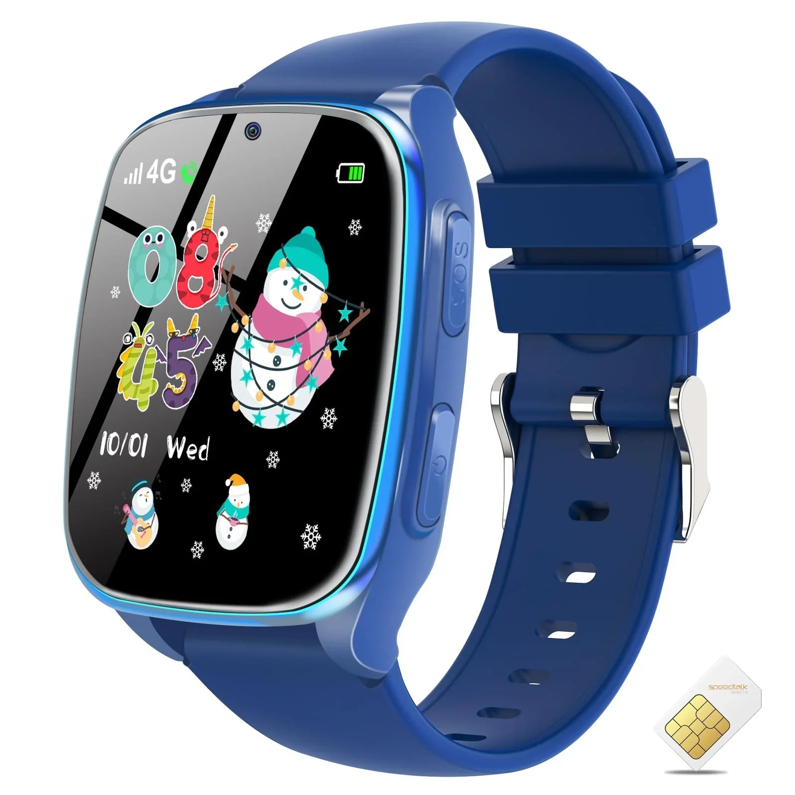 Blue kids' smart watch with colorful display, snowman graphics, and SIM card feature