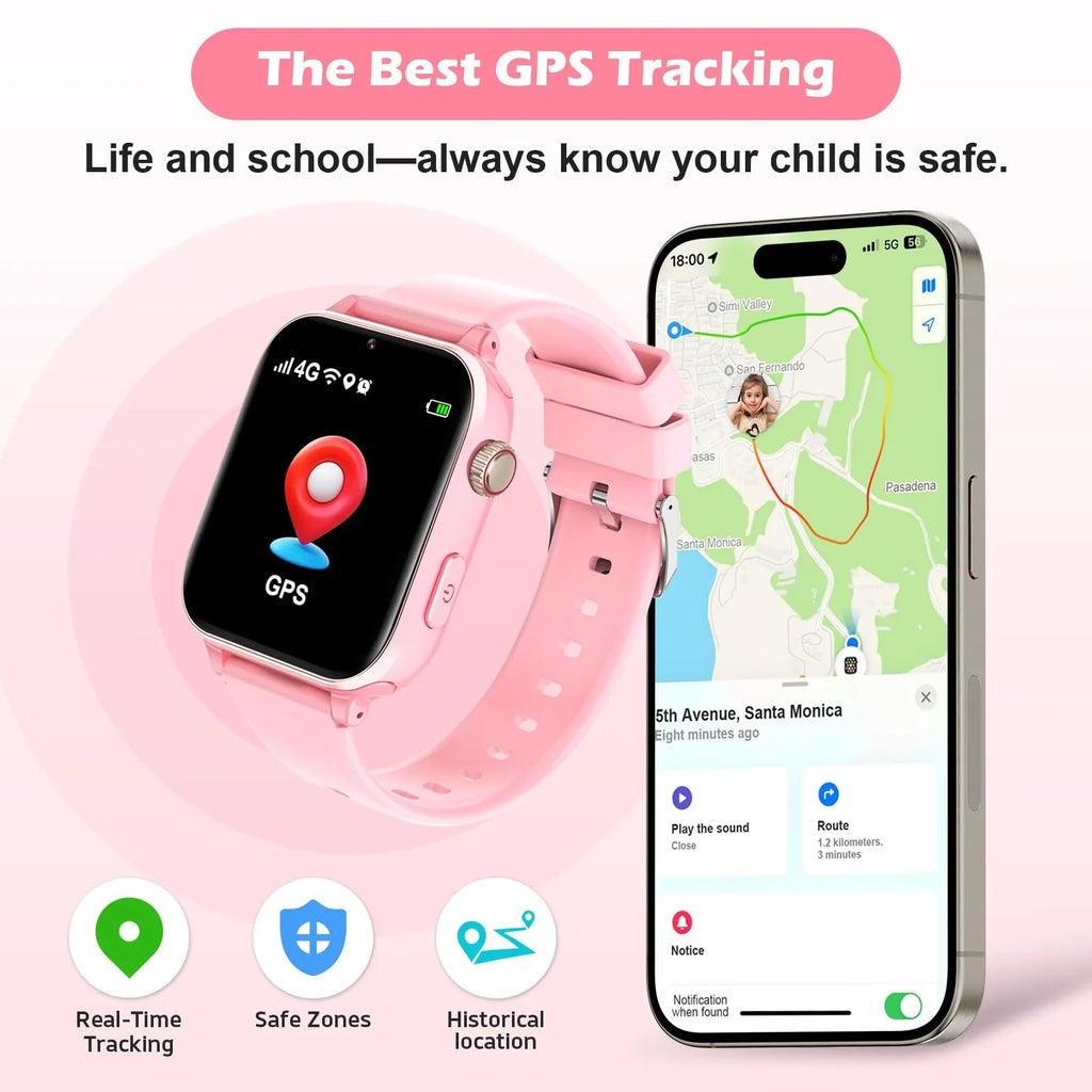 Pink kids GPS smartwatch with real-time tracking, safe zones, and location history shown on smartphone.