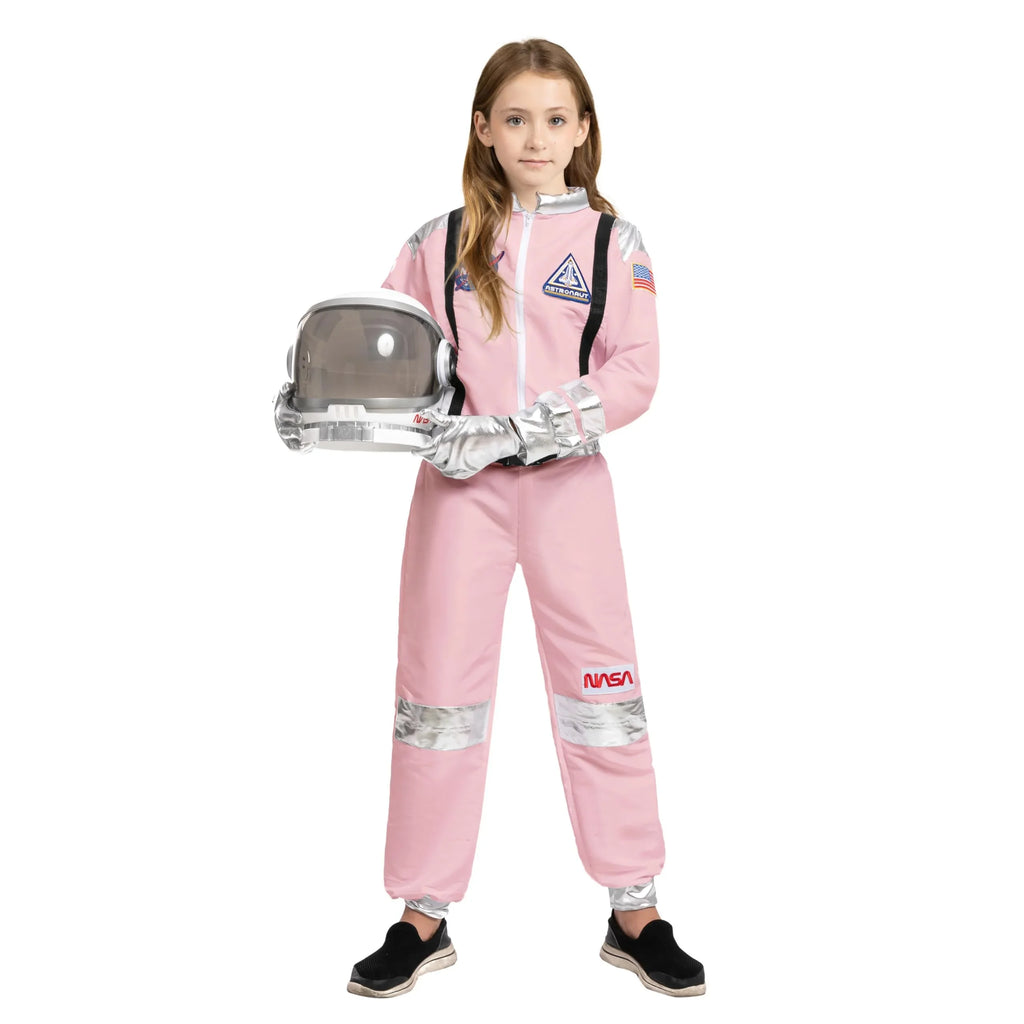 Girl in pink astronaut costume holding space helmet, featuring NASA patches and silver accents
