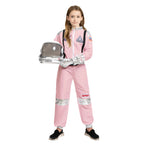 Girl in pink astronaut costume holding space helmet, featuring NASA patches and silver accents