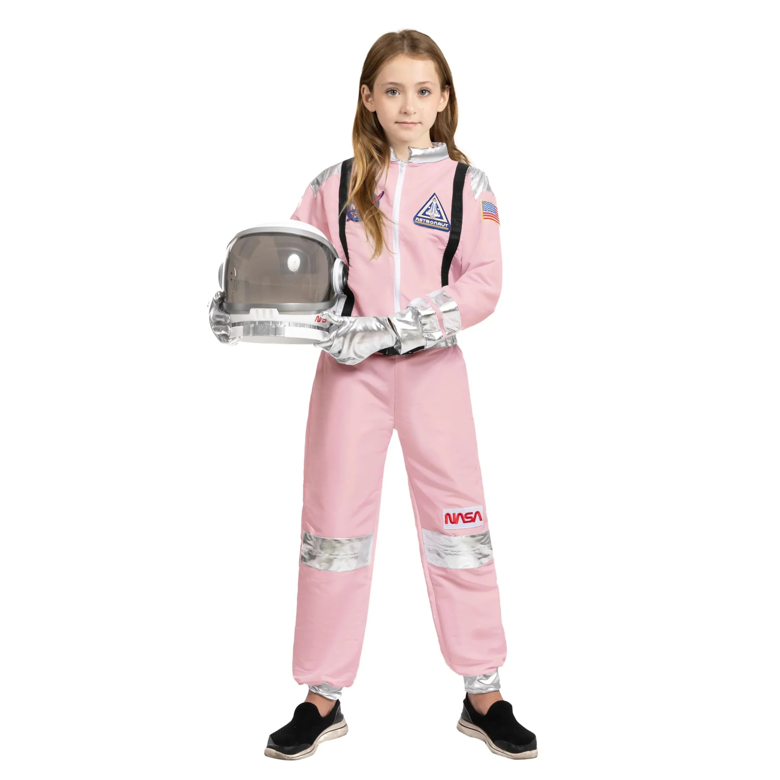 Girl in pink astronaut costume holding space helmet, featuring NASA patches and silver accents