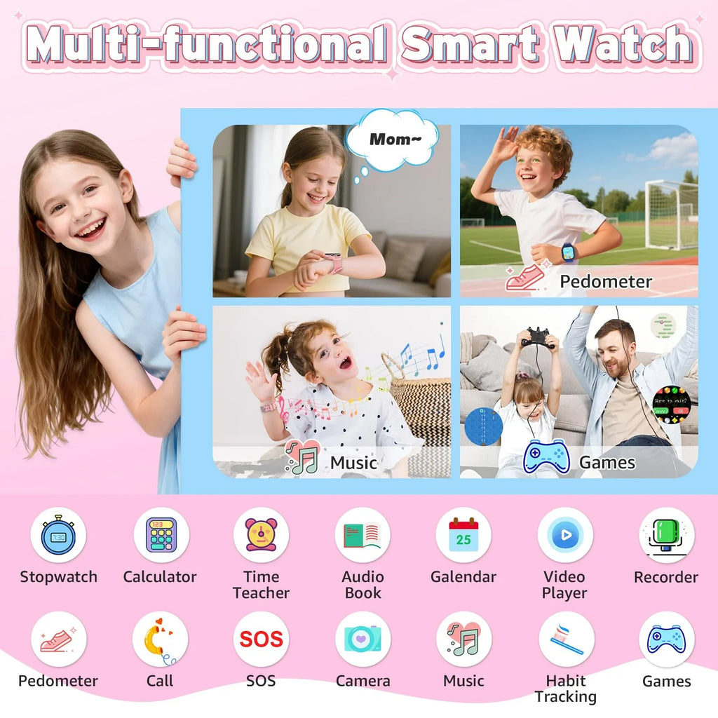 Kids using multi-functional smart watch with pedometer, music, games, and learning apps.