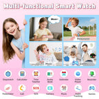 Kids using multi-functional smart watch with pedometer, music, games, and learning apps.