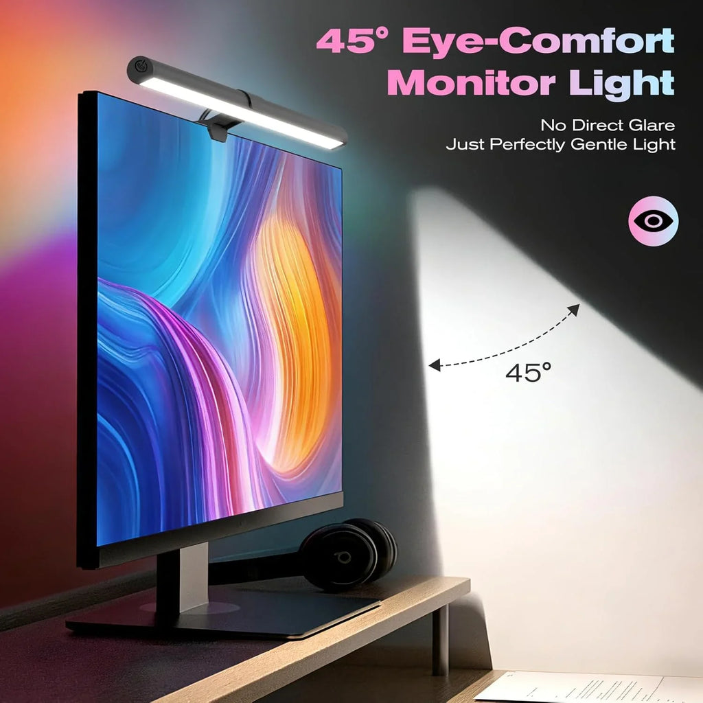 45-degree eye-comfort monitor light attached to computer screen, reducing glare on desk.