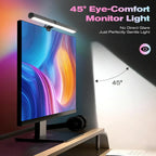 45-degree eye-comfort monitor light attached to computer screen, reducing glare on desk.