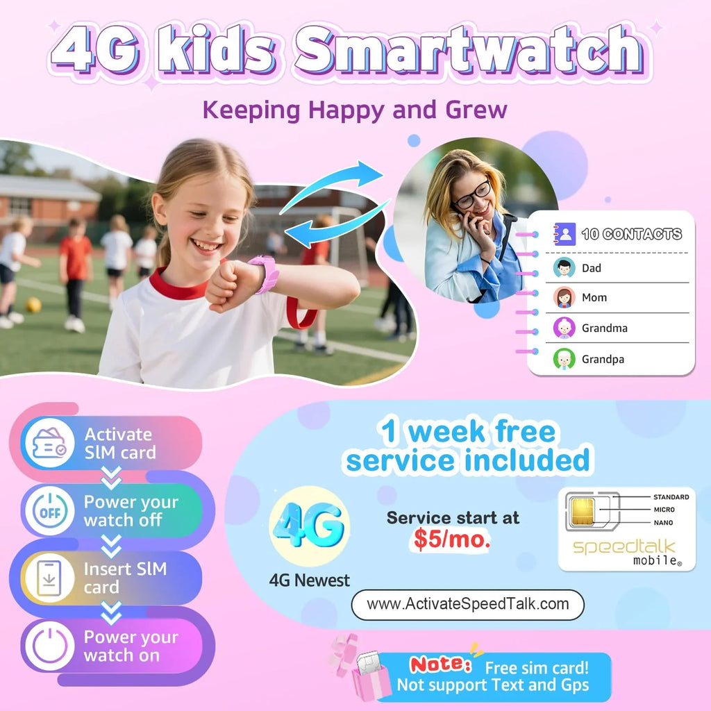 Girl using pink 4G kids smartwatch outdoors, showing calling and contact features, SIM instructions