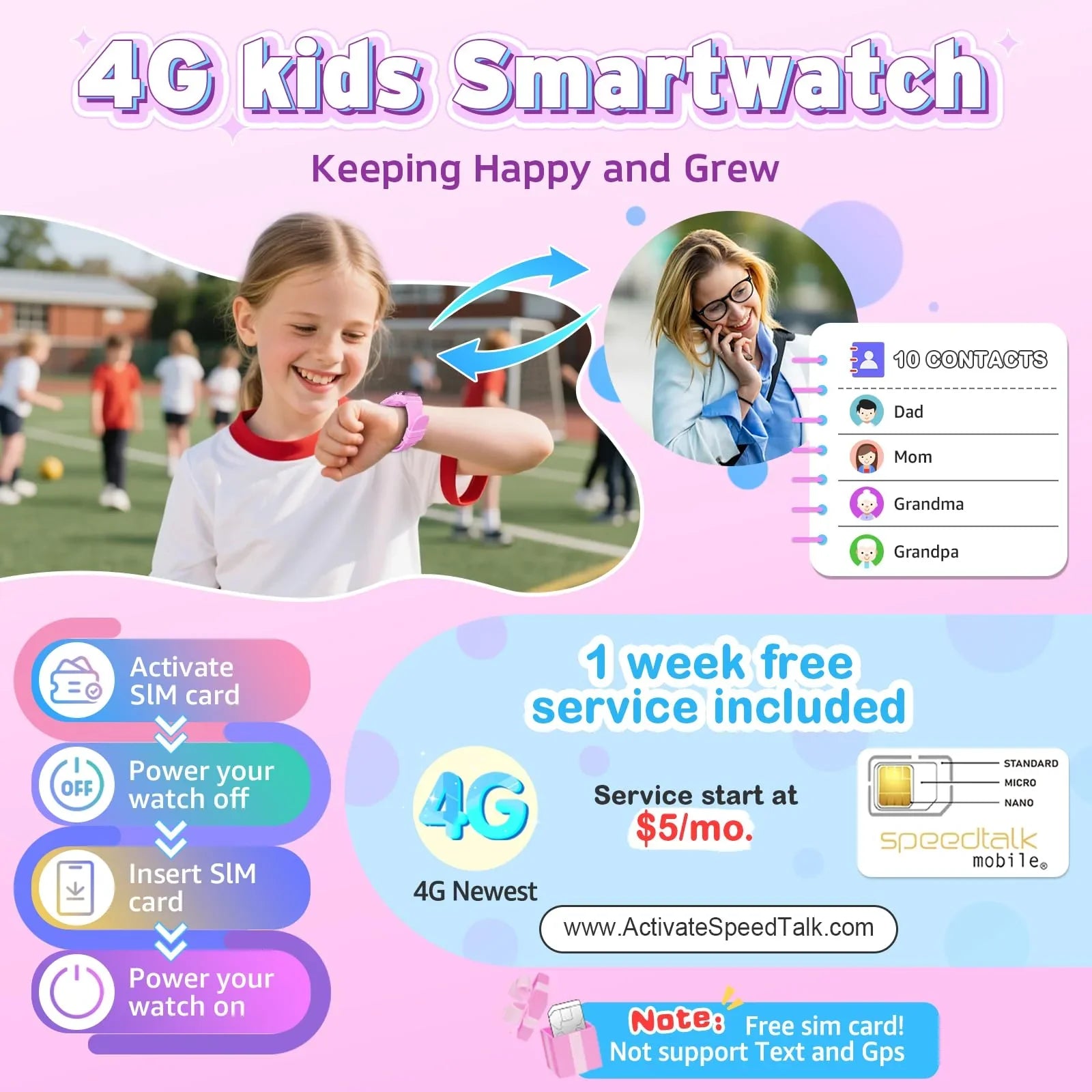 Girl using pink 4G kids smartwatch outdoors, showing calling and contact features, SIM instructions