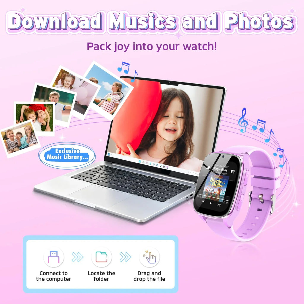 Kids smartwatch with music and photo download feature displayed next to a laptop and photos.