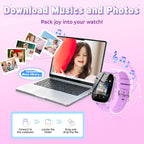 Kids smartwatch with music and photo download feature displayed next to a laptop and photos.