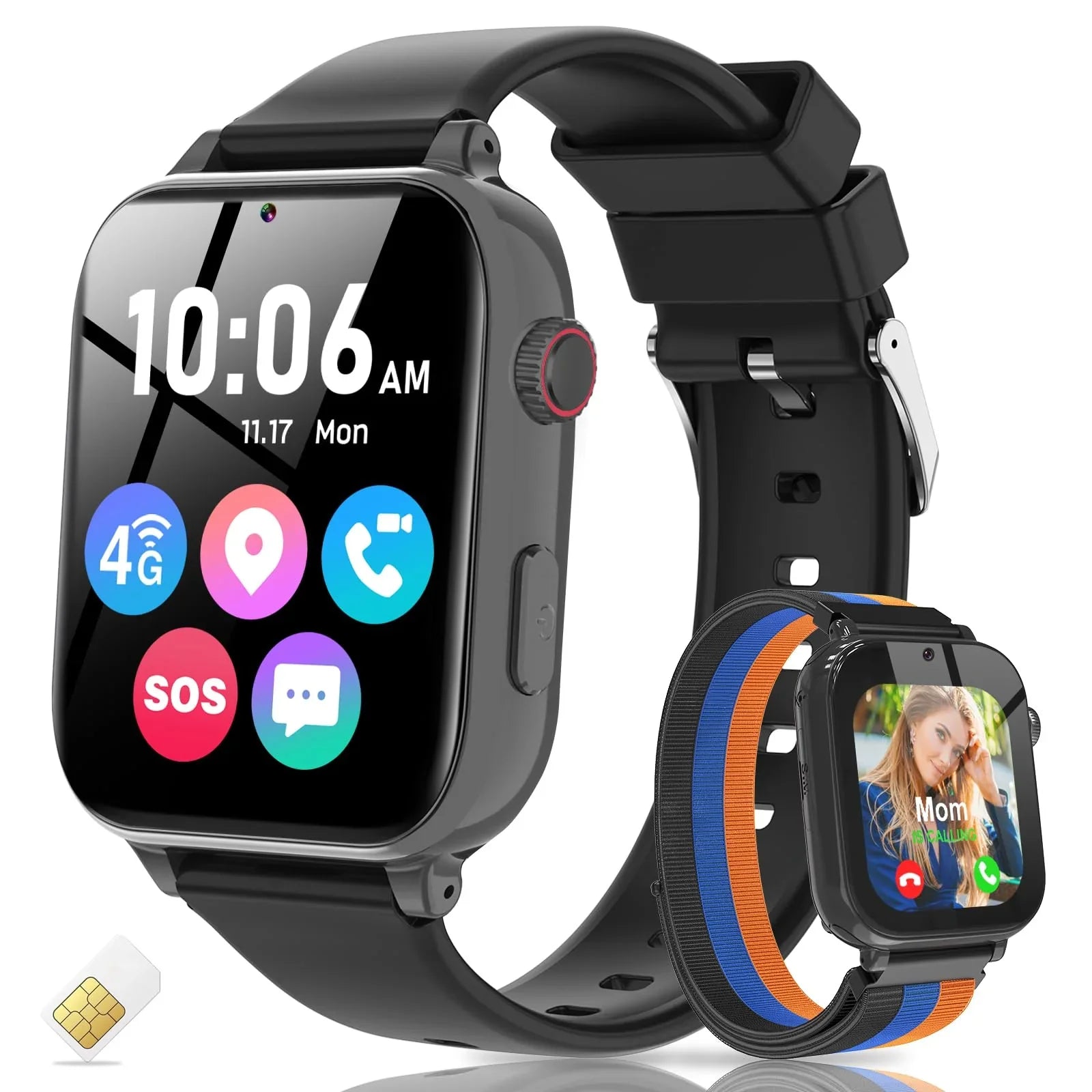 Kids smart watch with black strap, touch screen, video call, GPS, SOS, 4G icons, and SIM card.