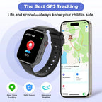 Kids GPS tracker smartwatch next to smartphone displaying live child location on a map