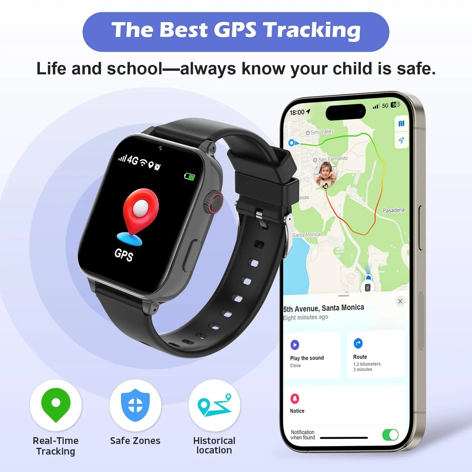 Kids GPS tracker smartwatch next to smartphone displaying live child location on a map