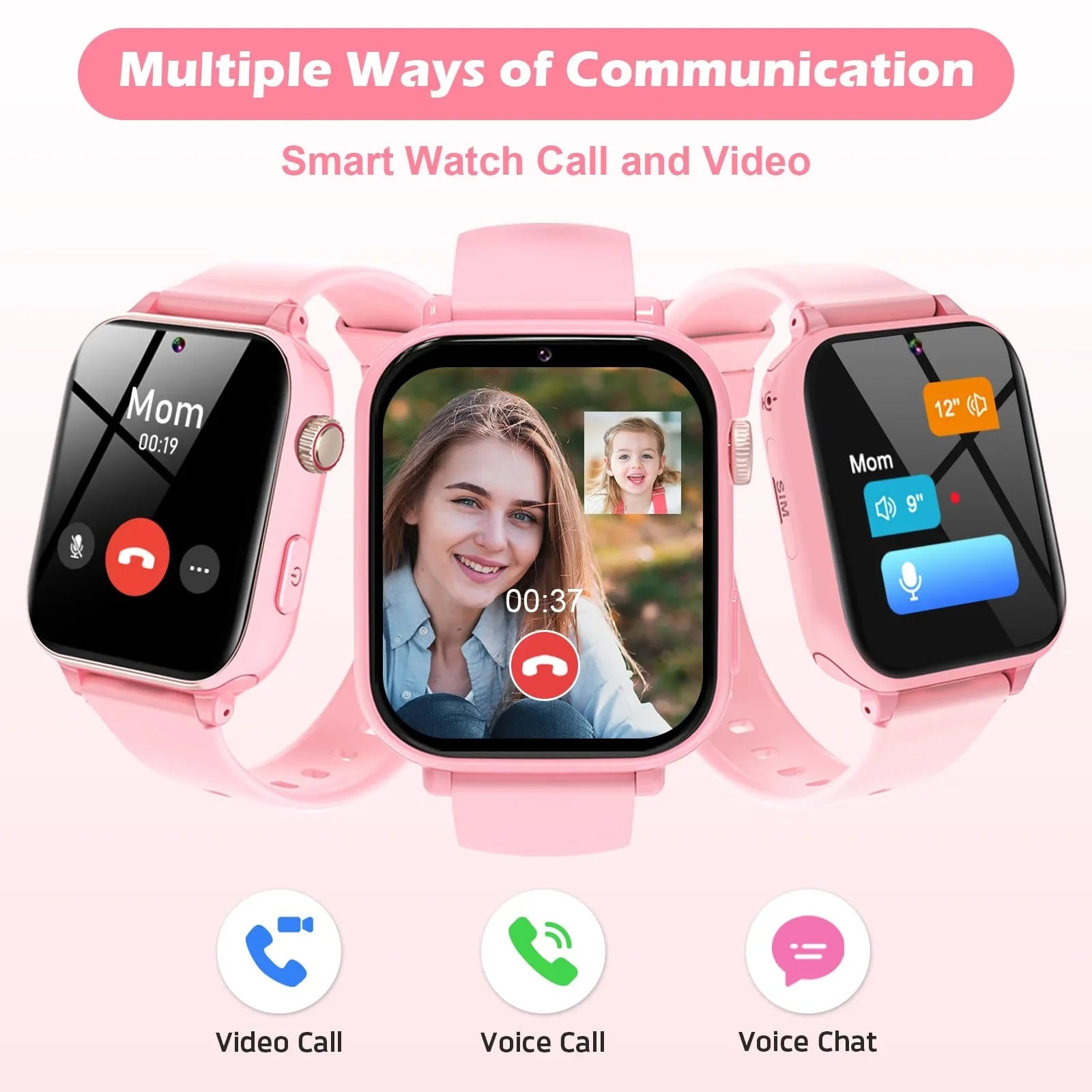 Pink kids' smartwatch with call, video call, and voice chat features shown on screen