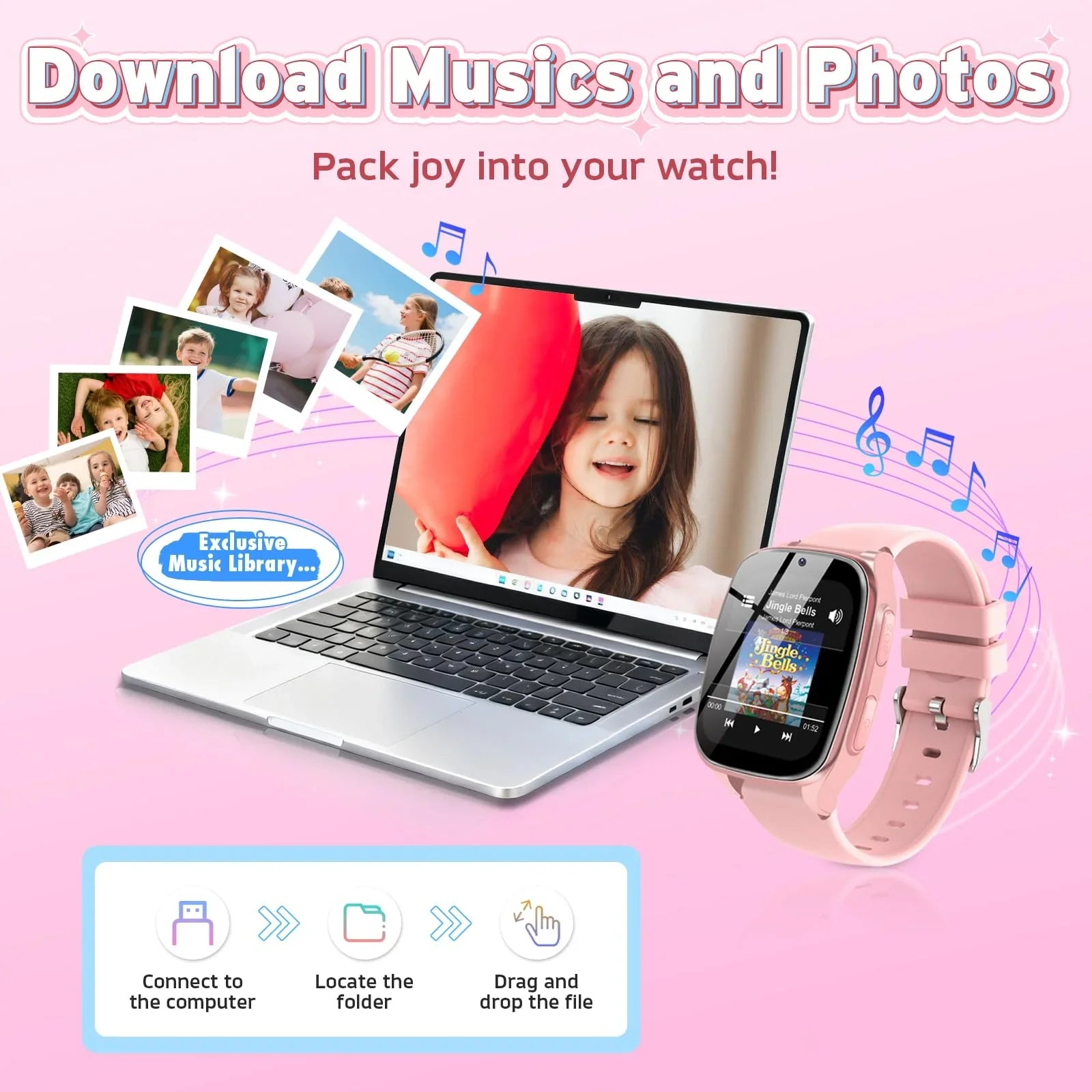 Kids smartwatch in pink with music and photos synced from laptop, STEM gadget for children