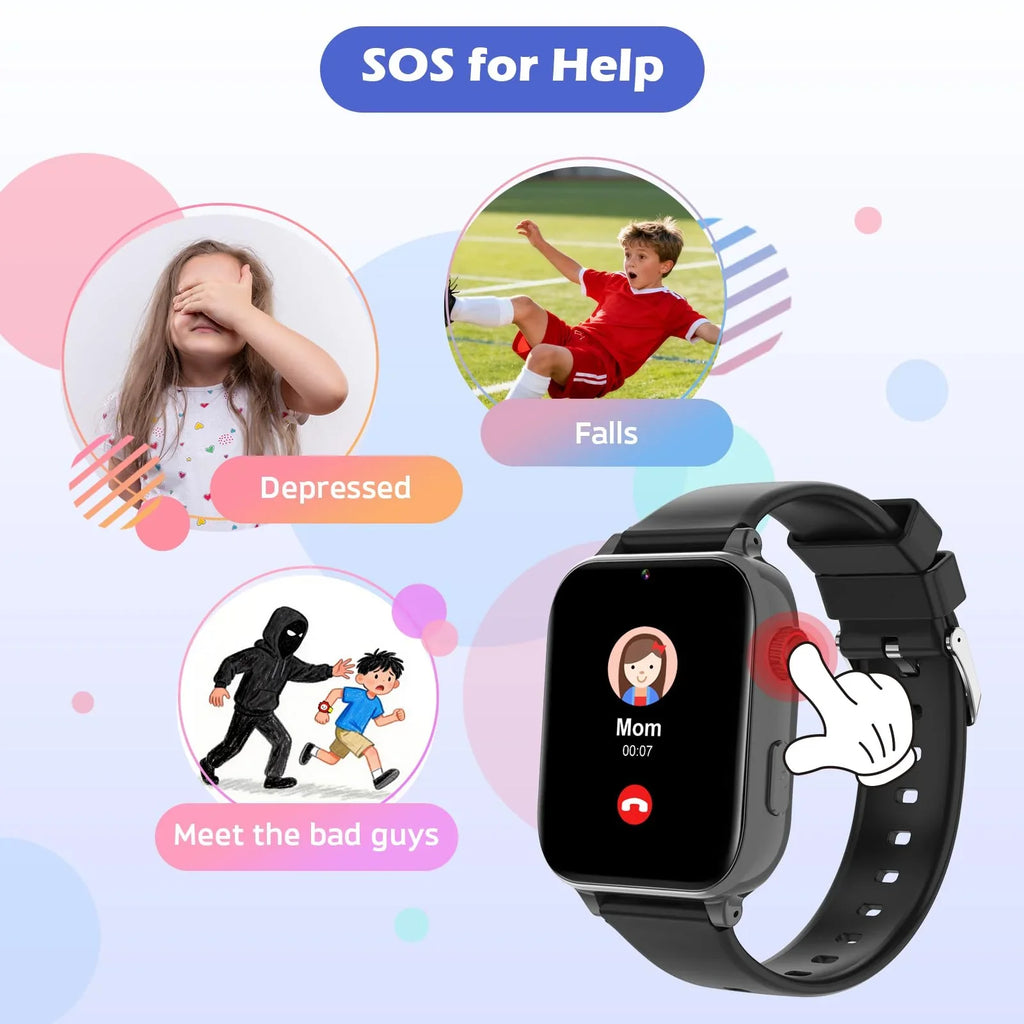 Kids smart watch with SOS button for help, showing safety alerts for falls, depression, and strangers.