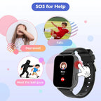 Kids smart watch with SOS button for help, showing safety alerts for falls, depression, and strangers.