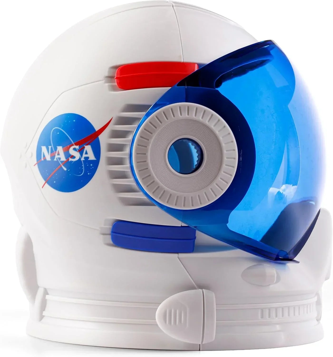 White astronaut helmet toy with NASA logo and blue visor, space-themed educational toy