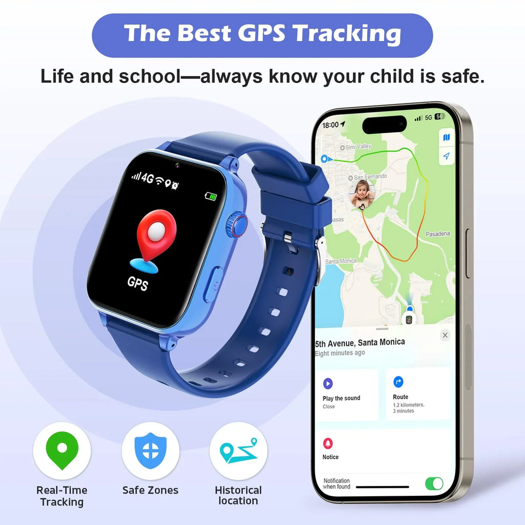 Kids GPS tracker smartwatch in blue next to smartphone showing real-time child location map