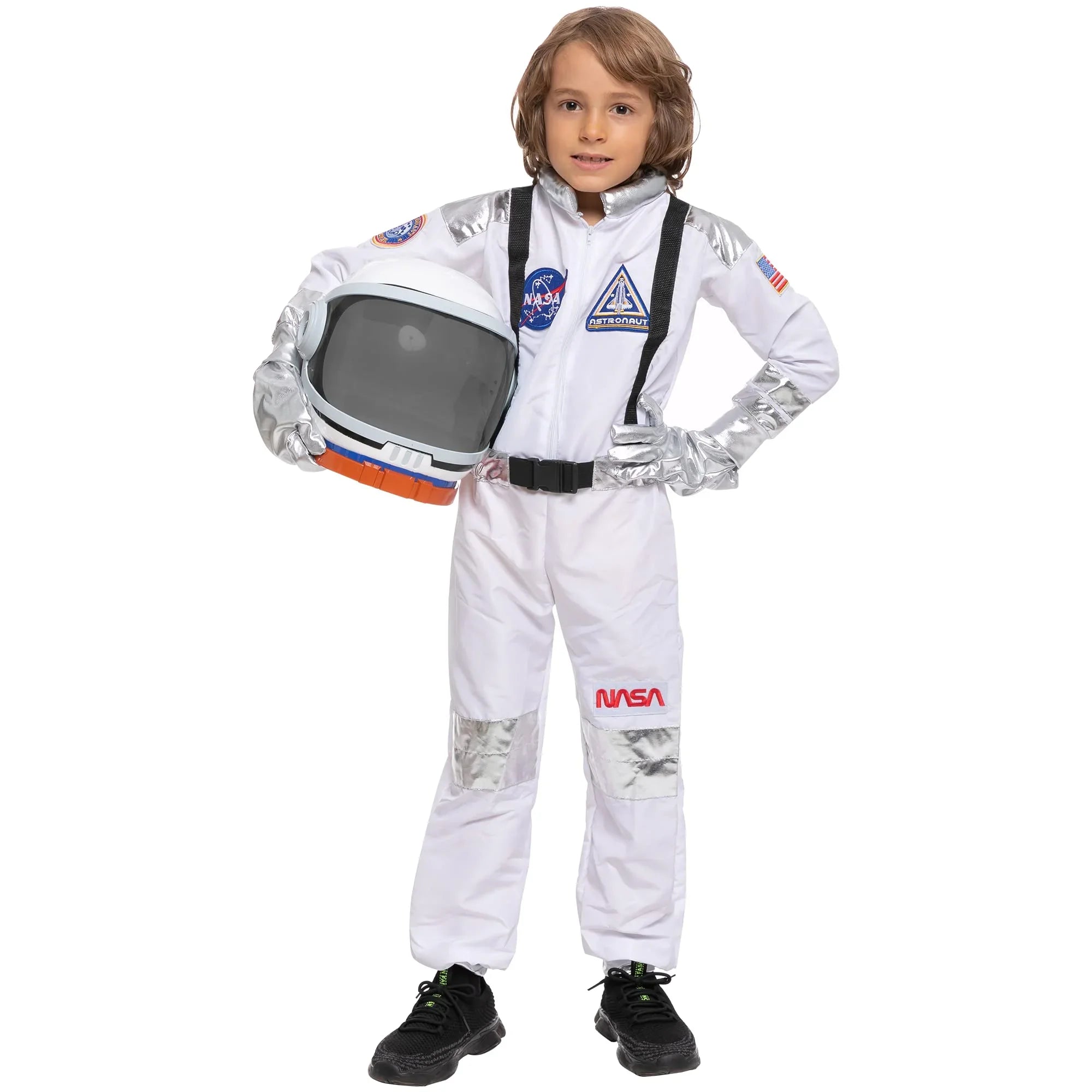 Child in white NASA astronaut costume holding helmet, space suit for kids, educational toy