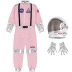 Kids pink astronaut costume with NASA patches, helmet and silver gloves, space suit set