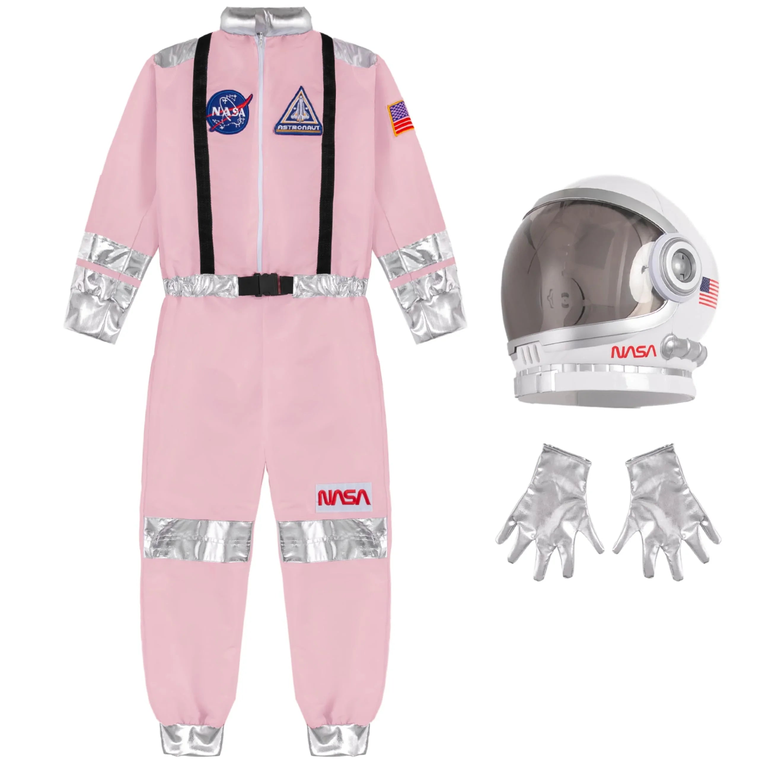 Kids pink astronaut costume with NASA patches, helmet and silver gloves, space suit set