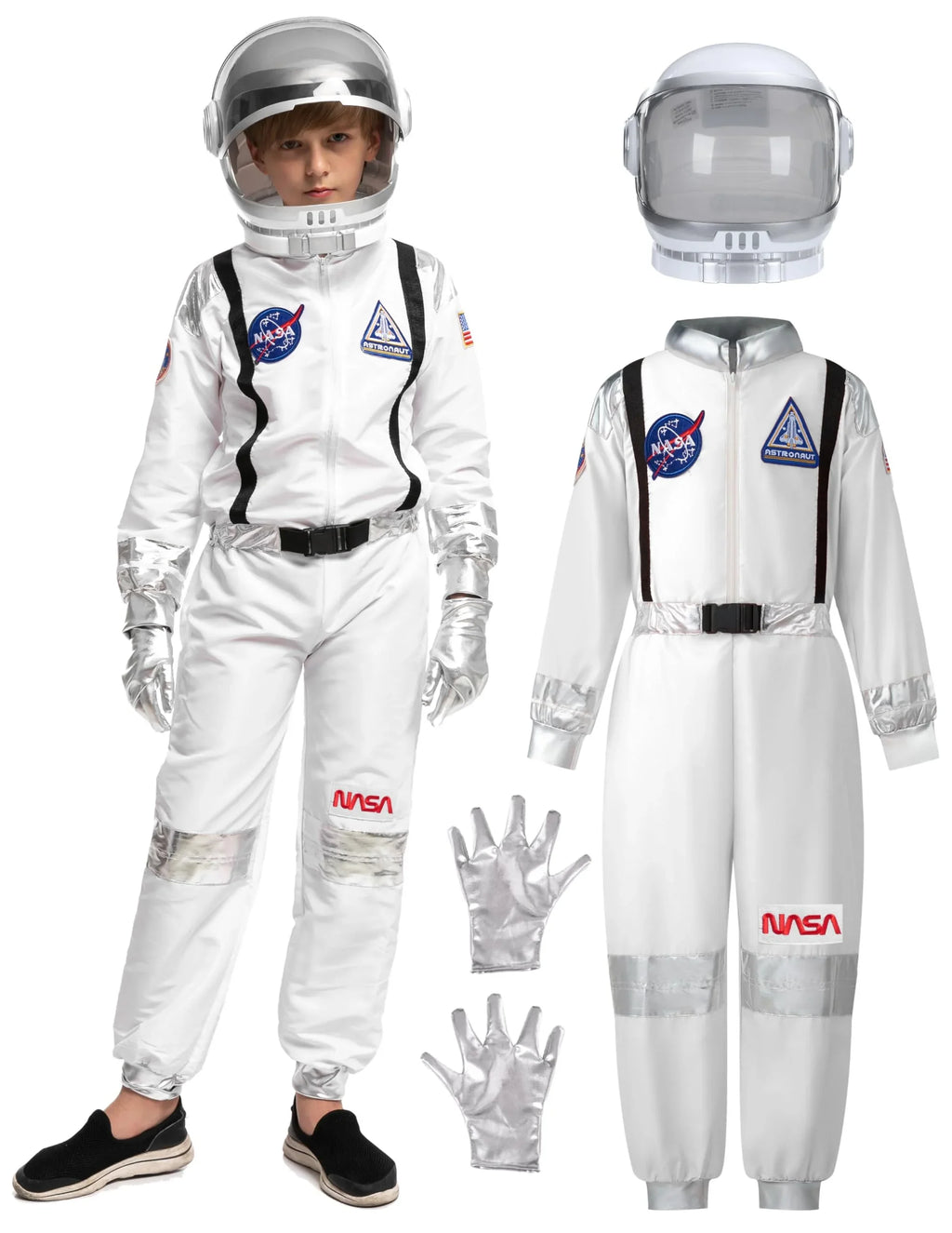 Kids astronaut costume set with white jumpsuit, gloves, helmet and NASA patches.