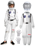 Kids astronaut costume set with white jumpsuit, gloves, helmet and NASA patches.